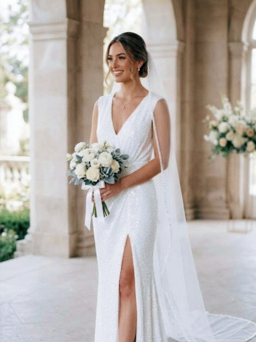 Showpo White Sequin V-Neck Gown 14